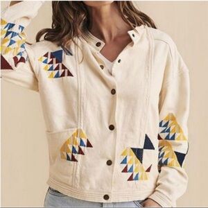 Faherty Cream Bomber Jacket with Colorful Geometric Accents